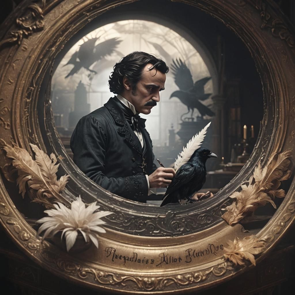 Edgar Allan Poe Writing, Hyperrealistic 3D Film Still