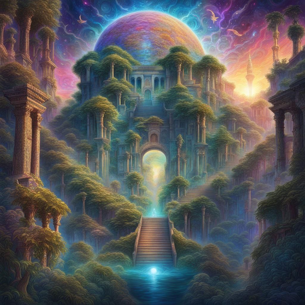 Hanging Gardens of Babylon: Astral Cosmic Illustration