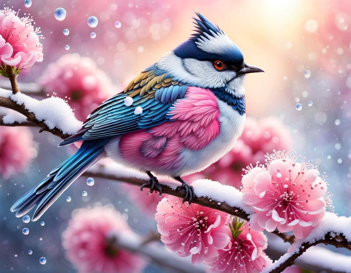 Hyperrealistic Bird with Pink Flowers and Snow