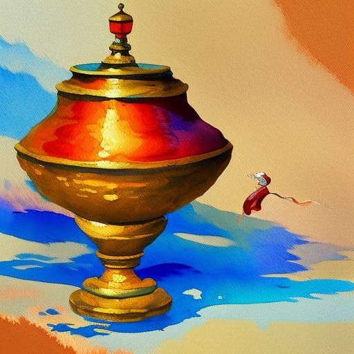 Gin Flies Out of Aladdin's Lamp in Vibrant Gouache Masterpie...
