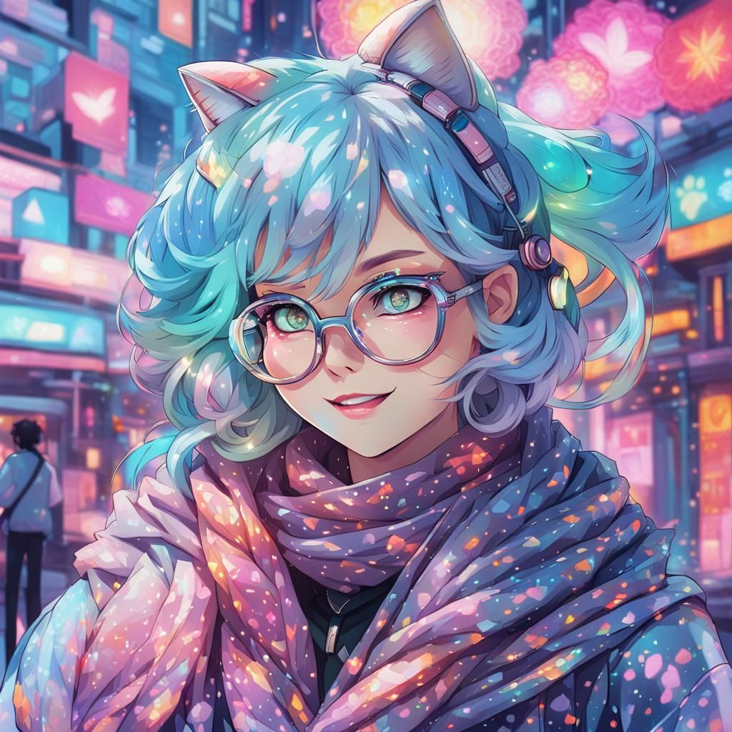 Happy Cat Girl Portrait in Anime Style