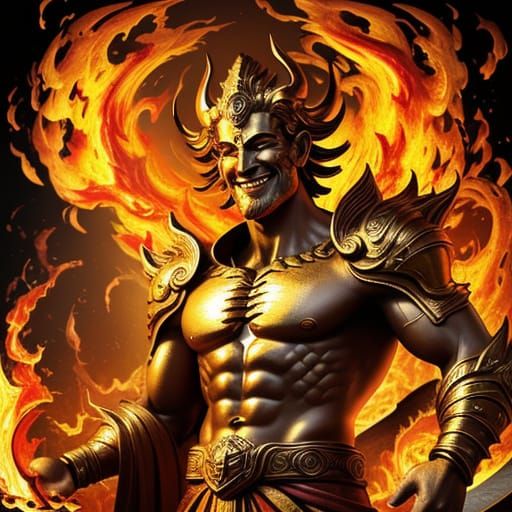 Smiling Male God of Fire in Vibrant Oil Painting