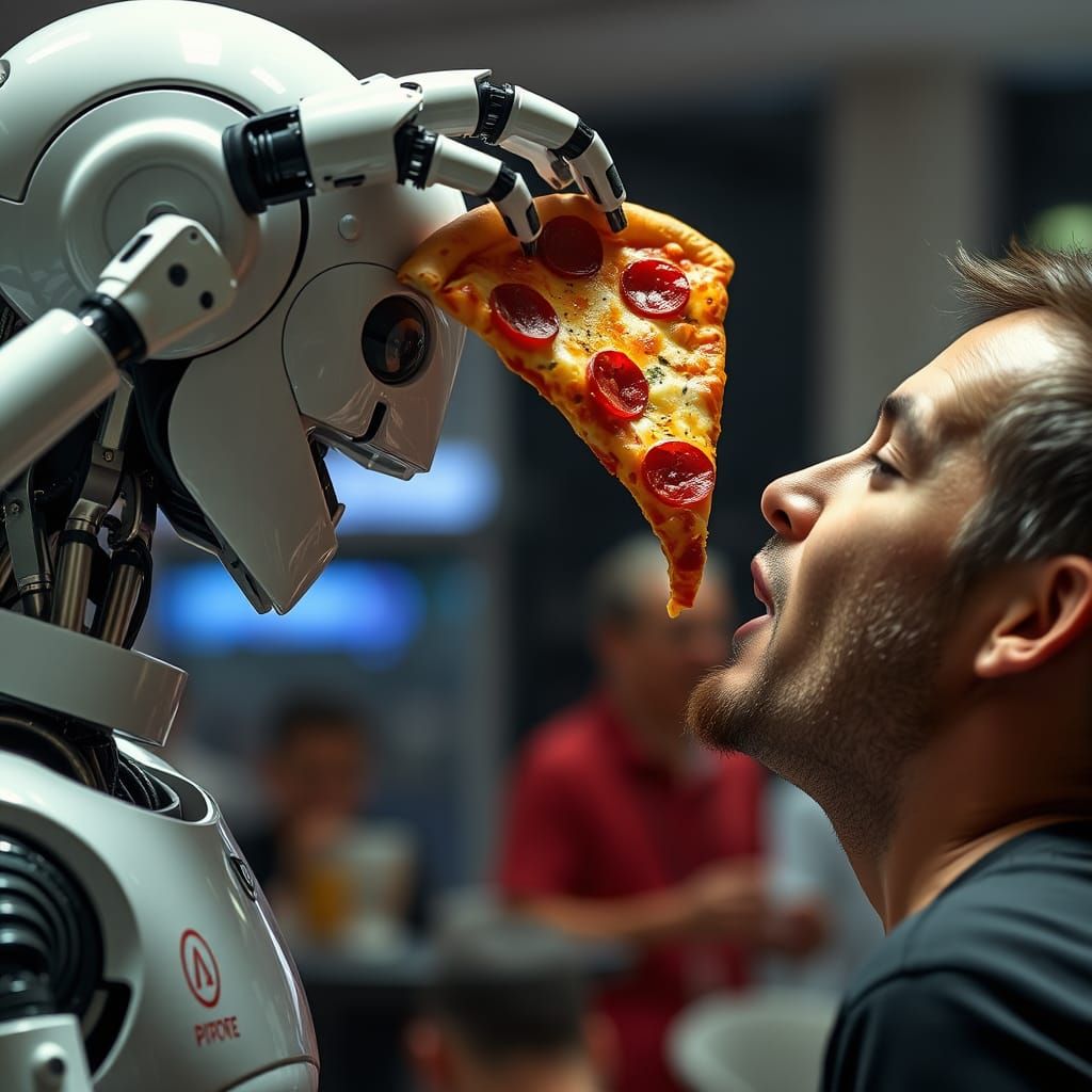 Robot Offers Pizza to Hungry Human in Hyper-Realistic 8K