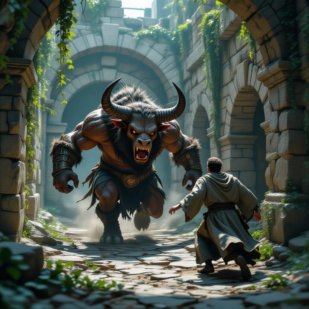 Minotaur Chase Through Maze in Cinematic 3D Style