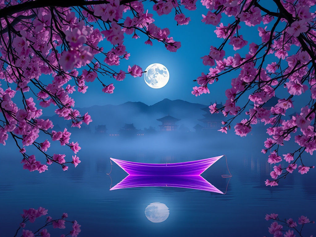 Twilight Lakeside Scene with Cherry Blossoms in Hyperrealism