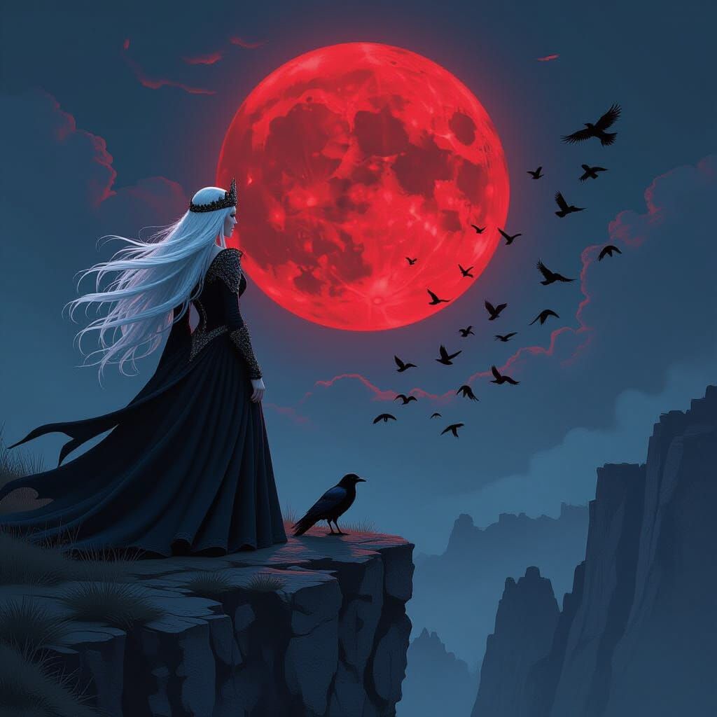 Dark Queen on Cliff with Ravens, Digital Art