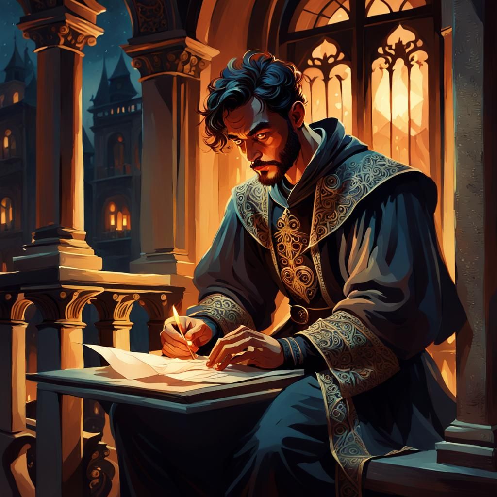 Brooding Figure on Balcony in Dark Fantasy Oil Painting