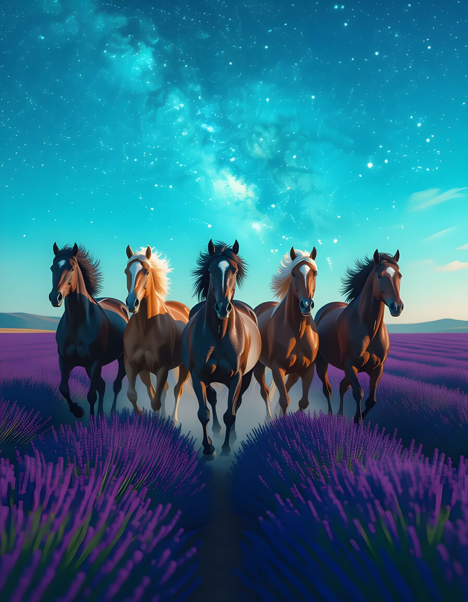 Horses Galloping Under Turquoise Starry Sky