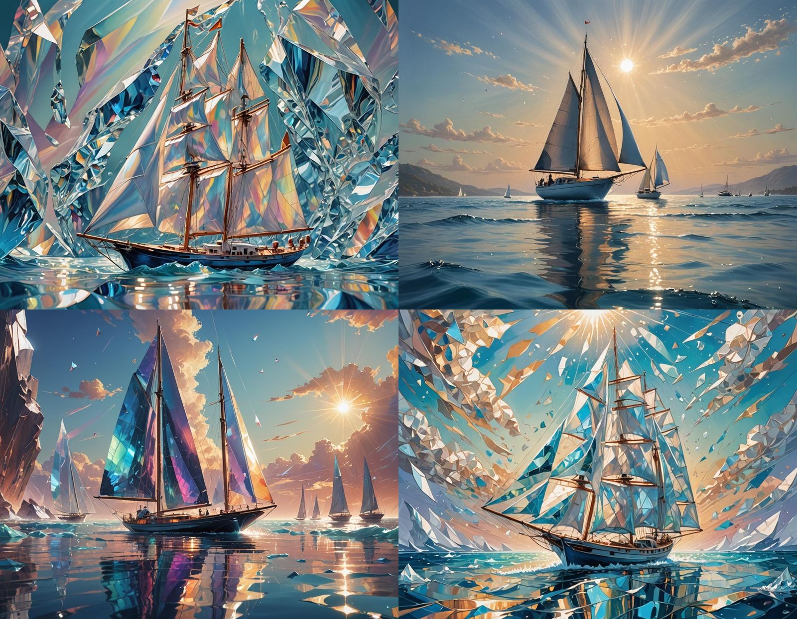 sailboat made of crystal sailing down an azure ocean on a be...