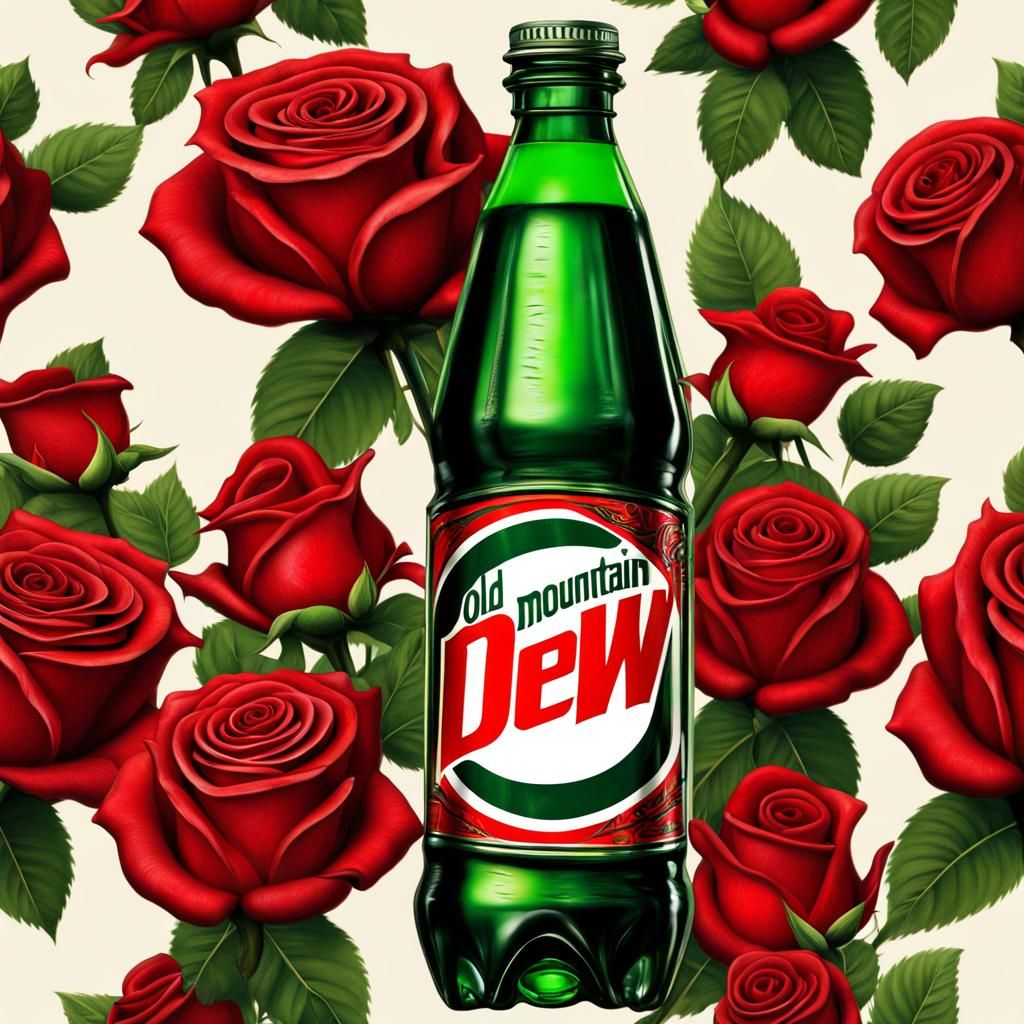 Vintage Mountain Dew Bottle with Red Roses