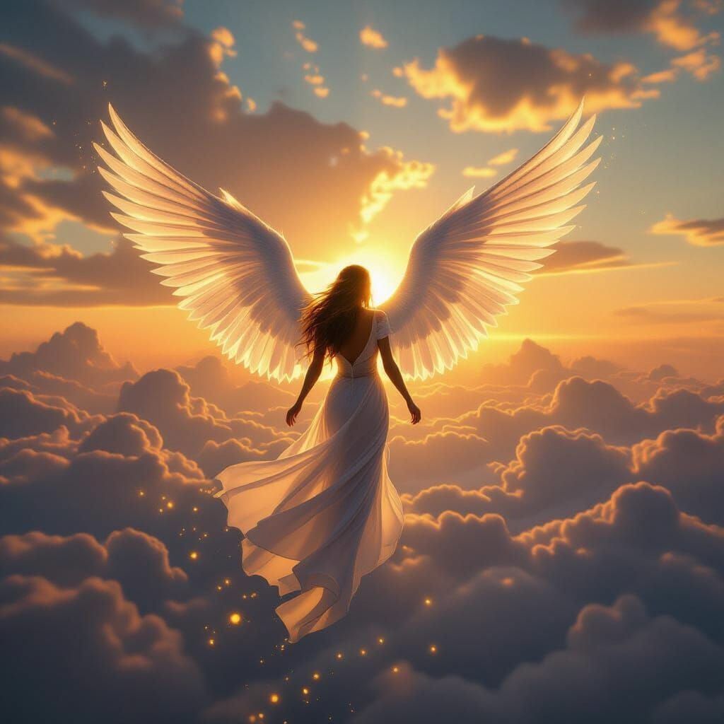 Ethereal Angel Descends in Golden Hour Glow