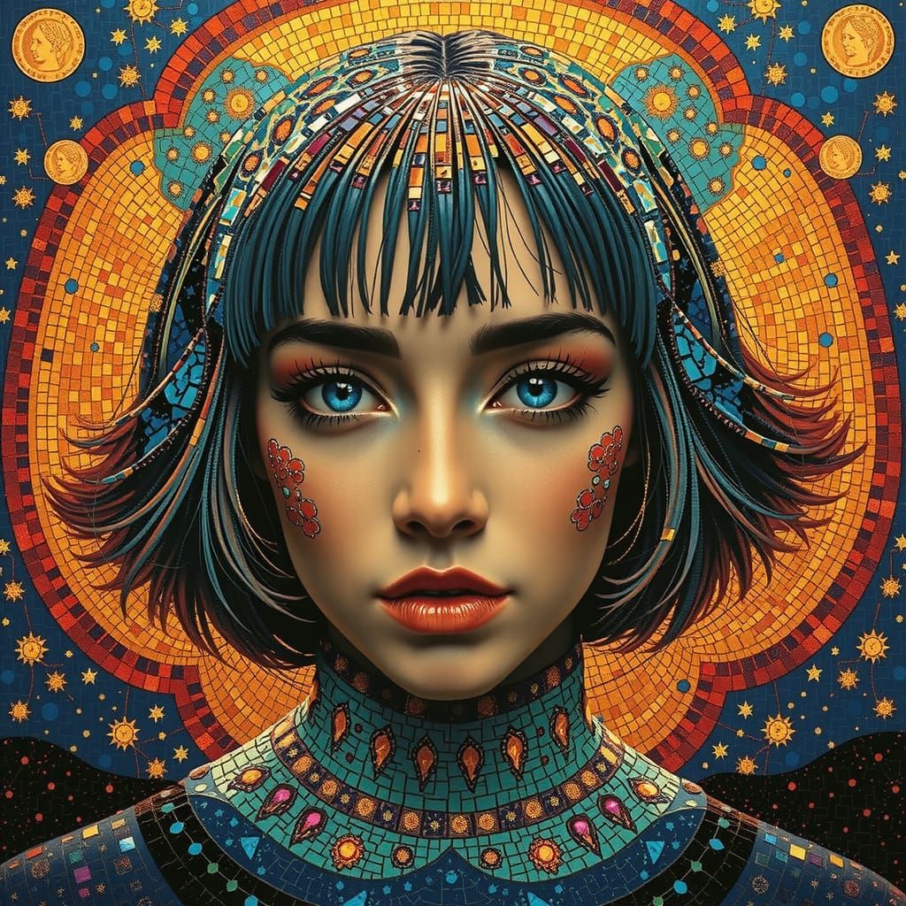 Iridescent Mosaic Woman Under Starry Night Sky