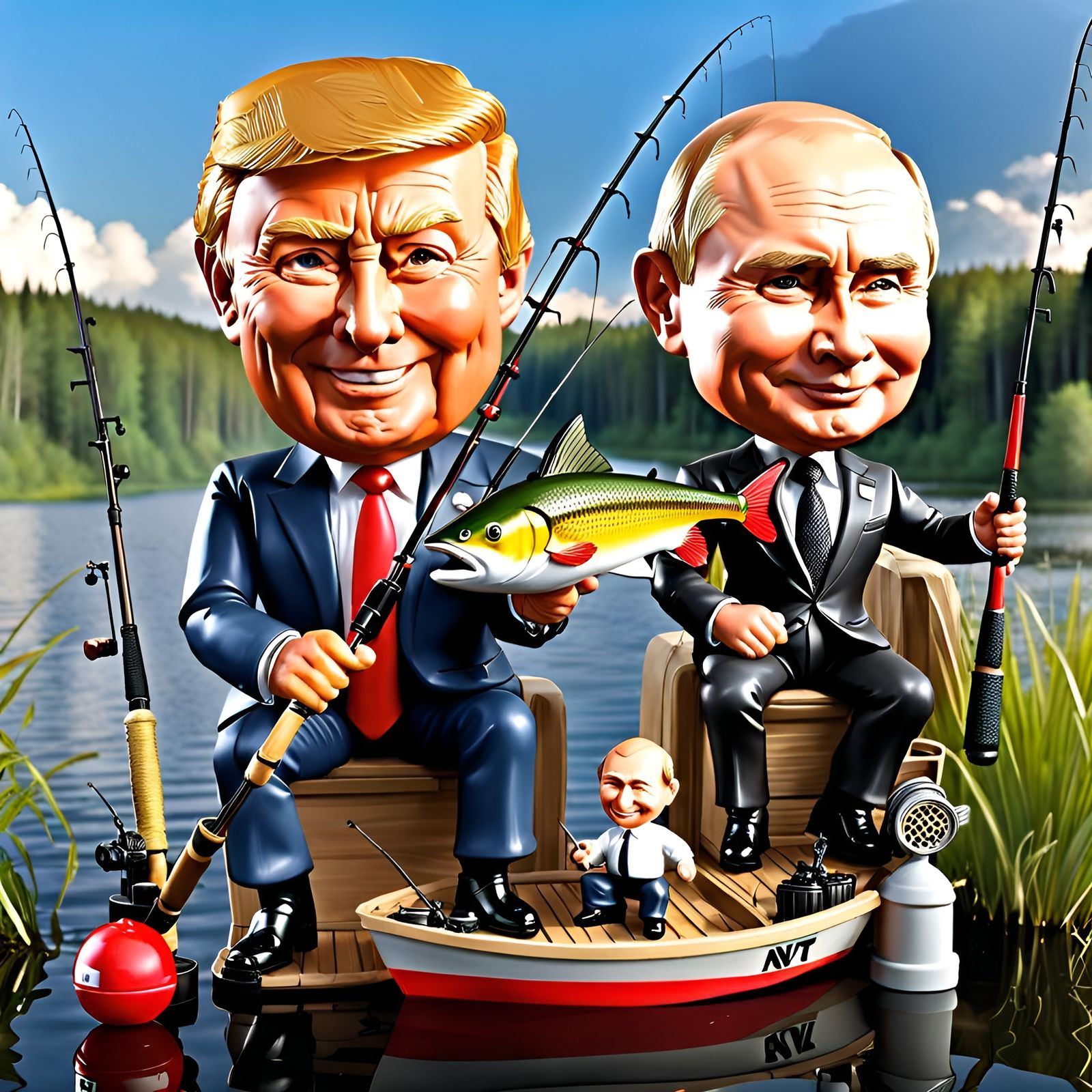 Comical Fishing Bobbleheads in 3D Digital Art