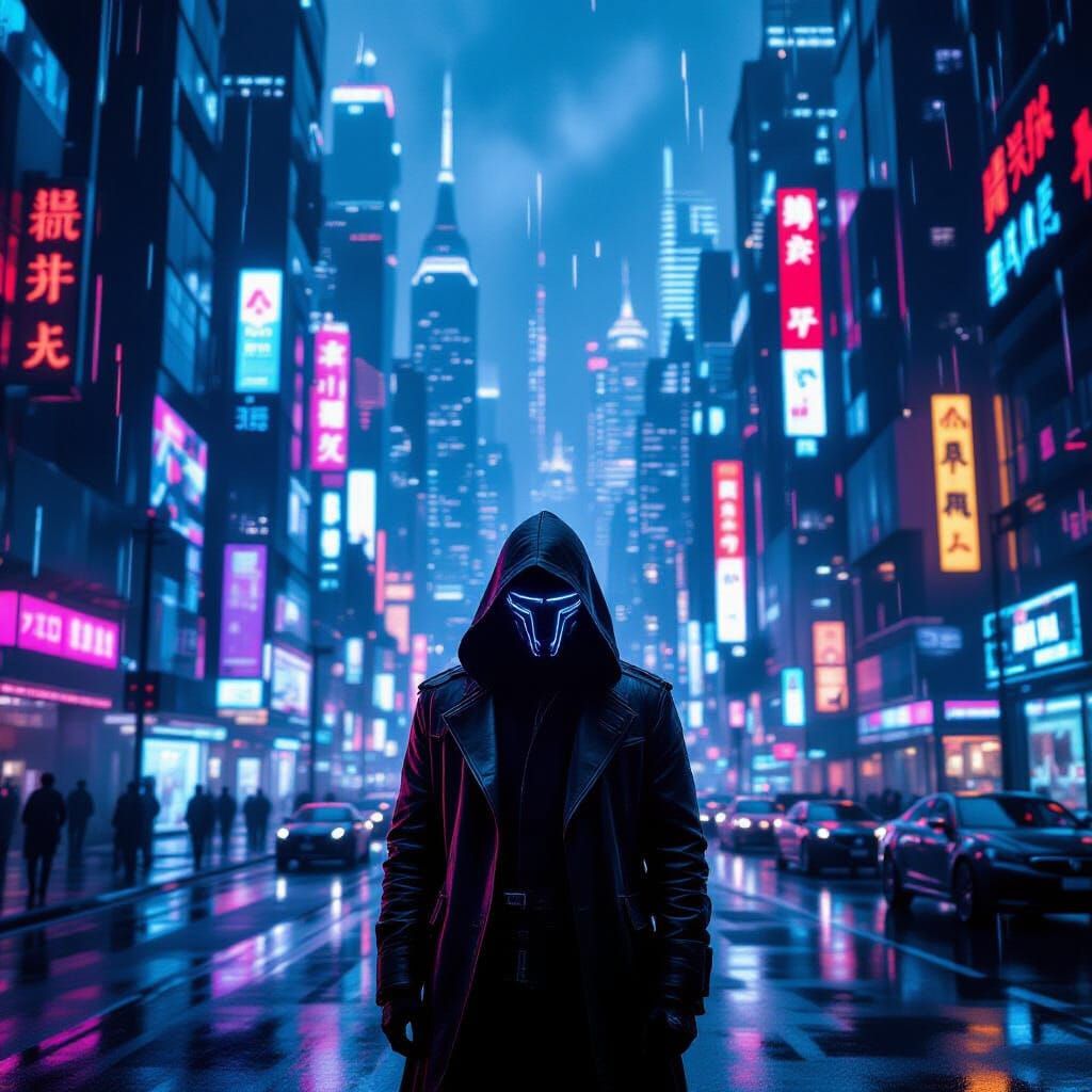 Cyberpunk Shadow Figure in Neon Metropolis