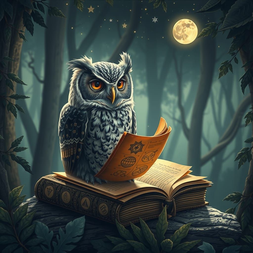 Wise Owl Reads Ancient Book in Symbolist Dreamscape