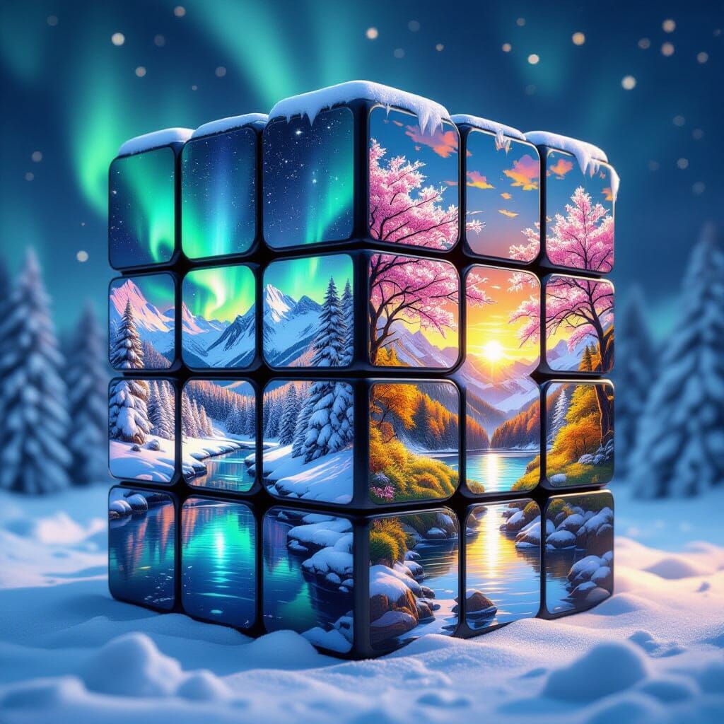 Visualize a surreal Rubik's cube puzzle, where each individu...