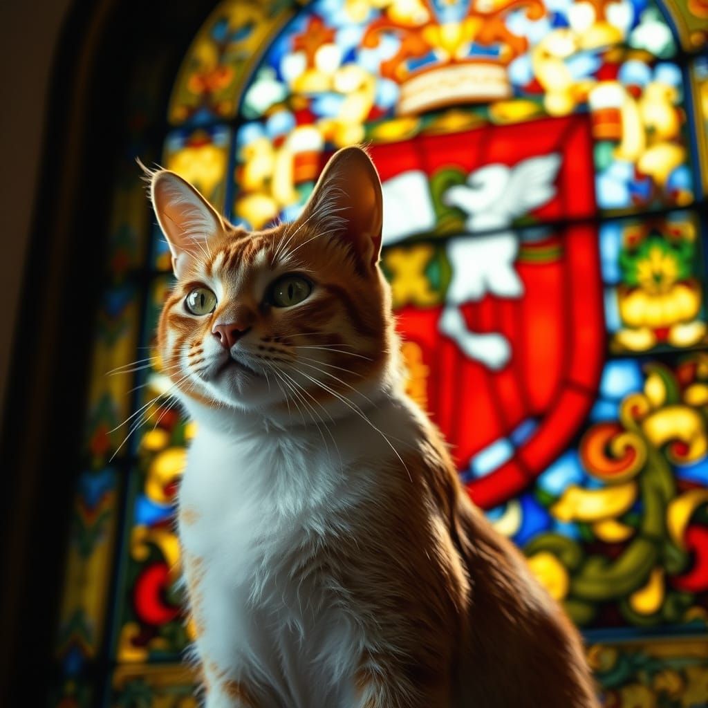 Regal Orange Tabby Cat Before Stained Glass Window