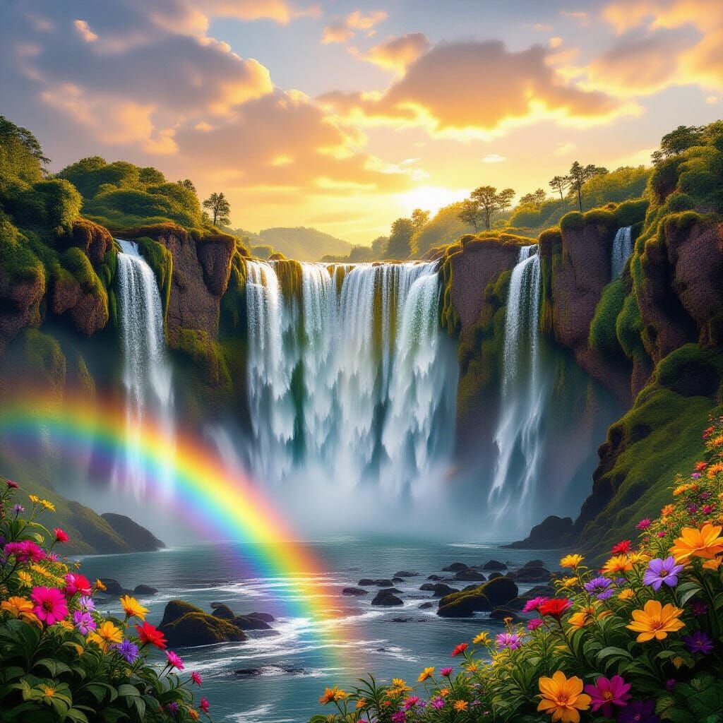 Rainbow Waterfall of Dreams in Golden Sky