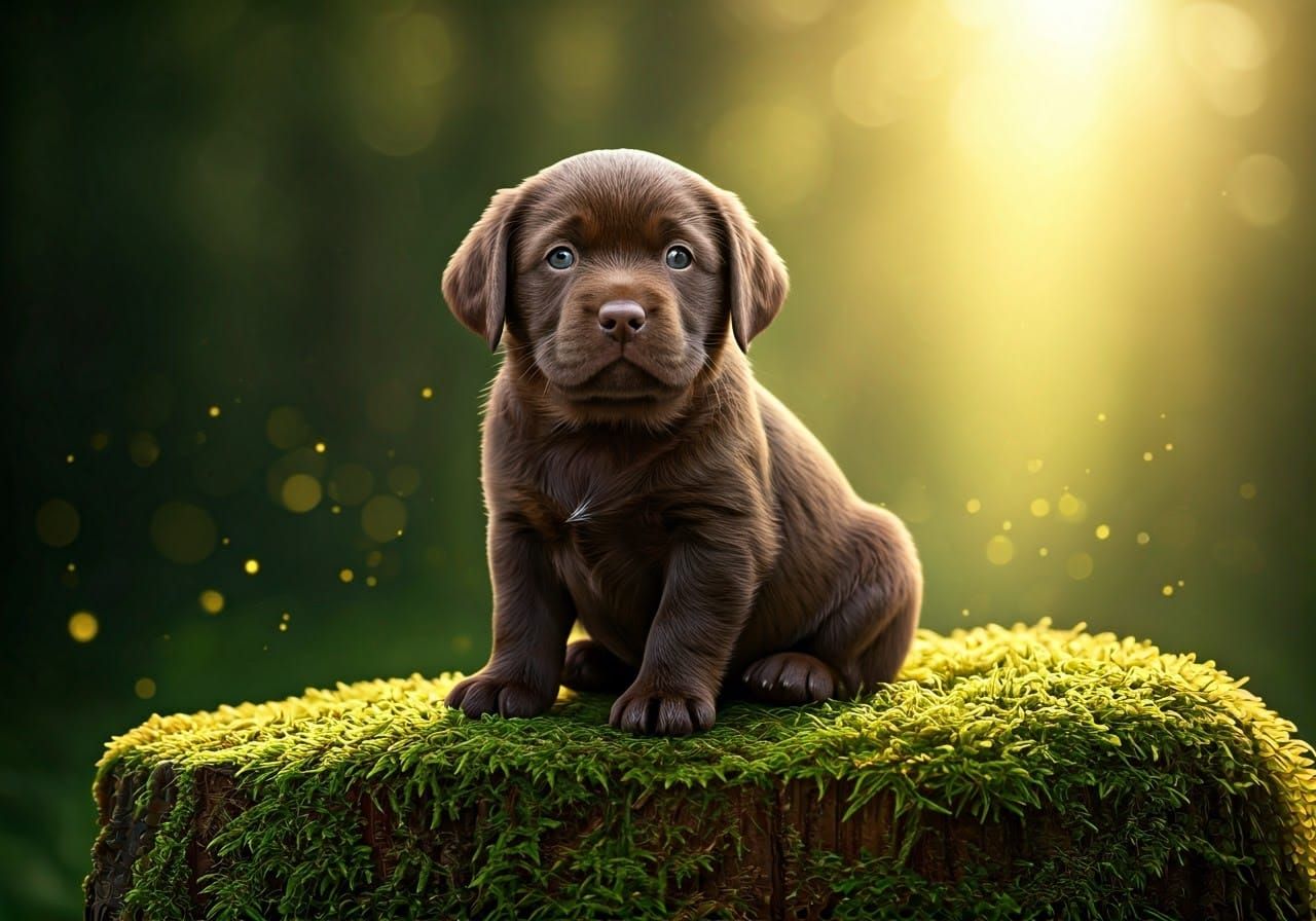 Whimsical Puppy-Bird Hybrid Perched on a Mossy Tree Stump