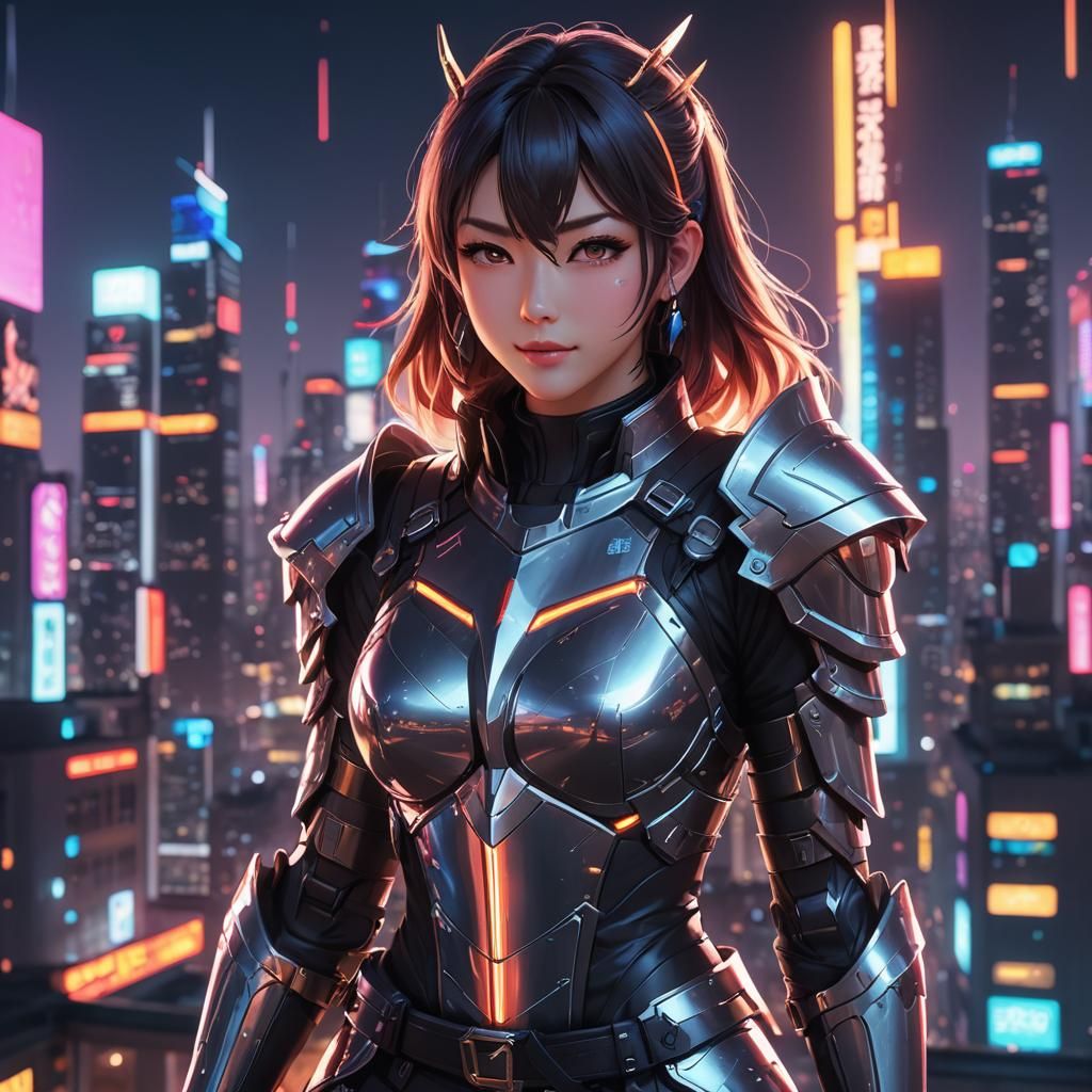 Anime Armored Girl in Neon Cityscape