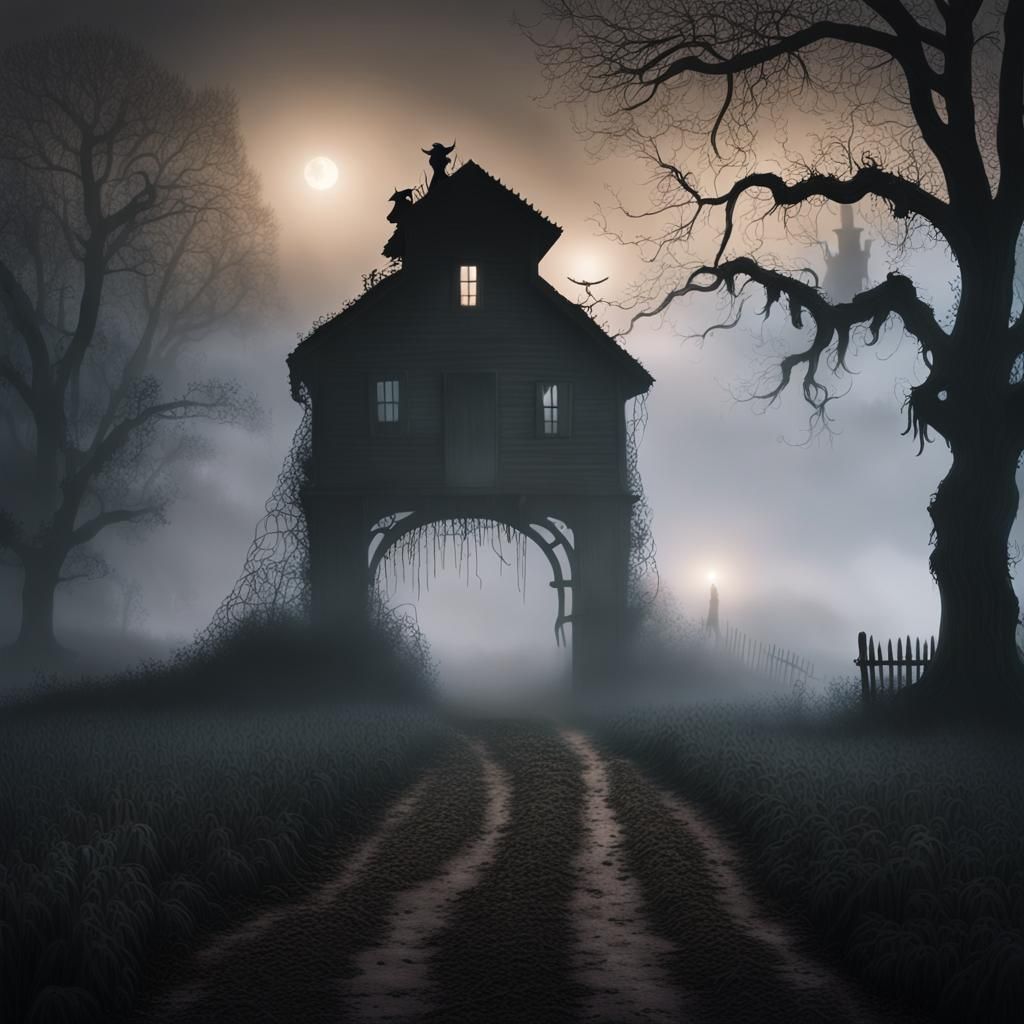 Ethereal Shadow Monster in Foggy Farm Scene