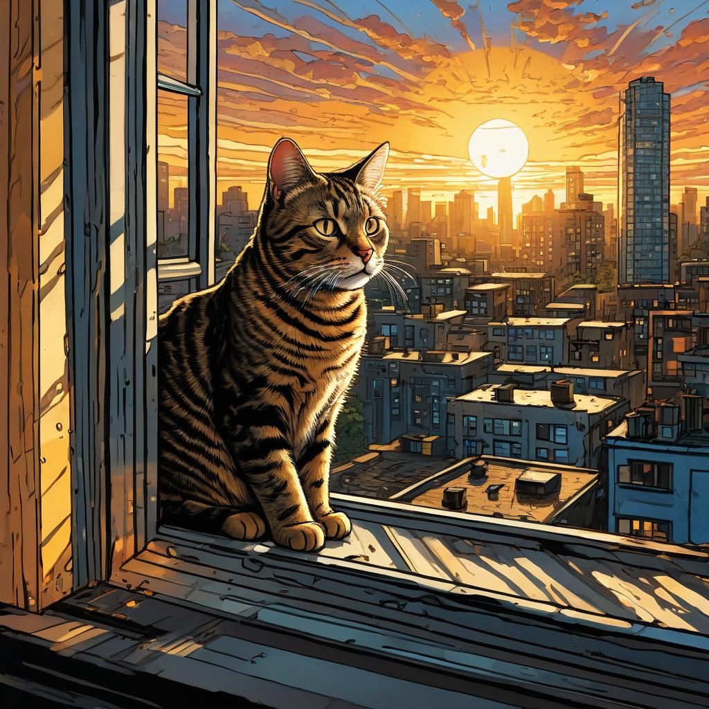 Cat Watches Sunrise: Comic Book Style Digital Art
