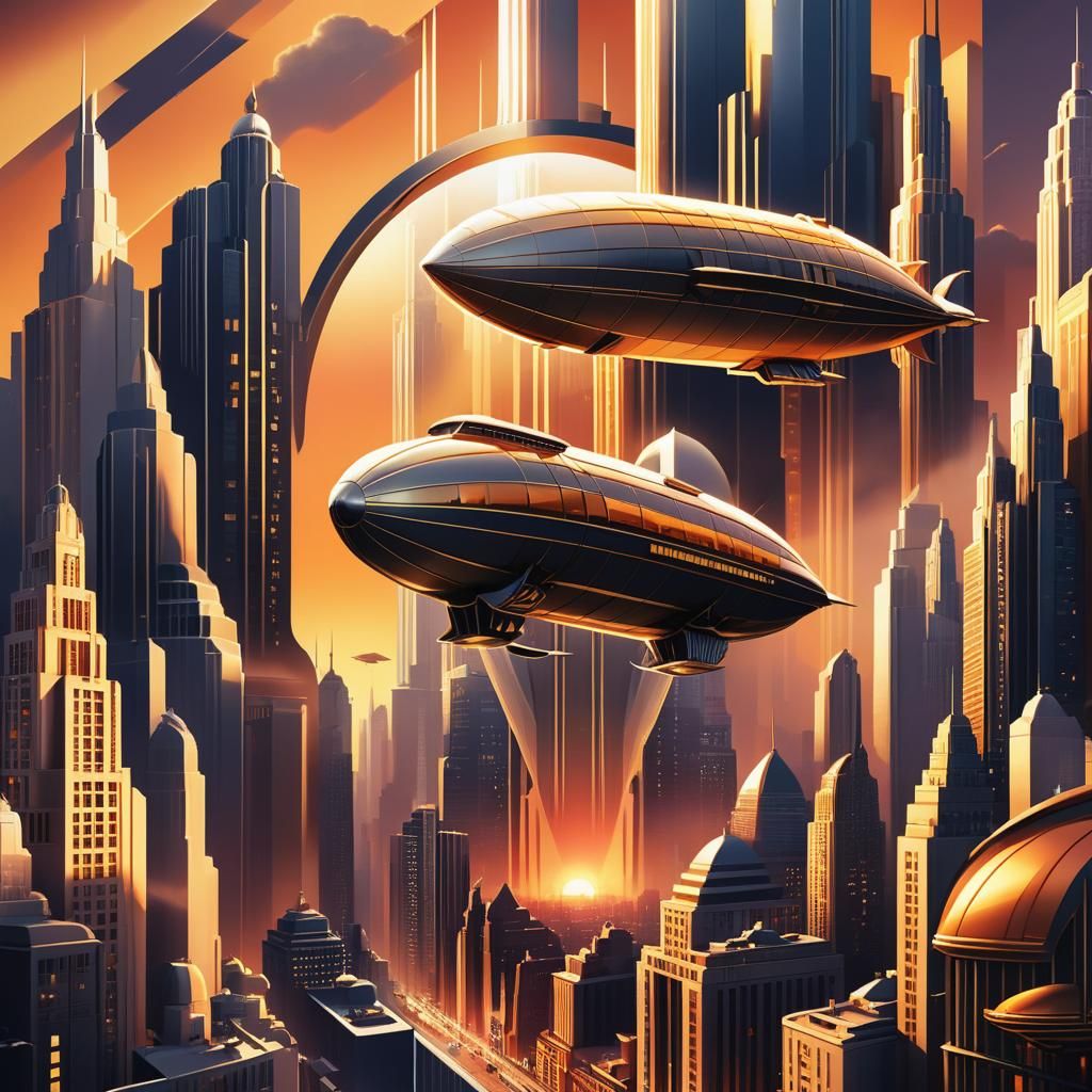 Art Deco Cityscape Movie Poster with Airship