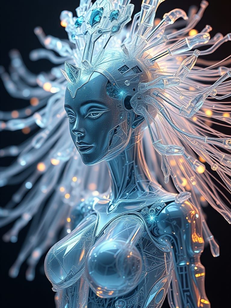 Crystal Goddess with Optical Fiber Hair in Cosmic Hologram