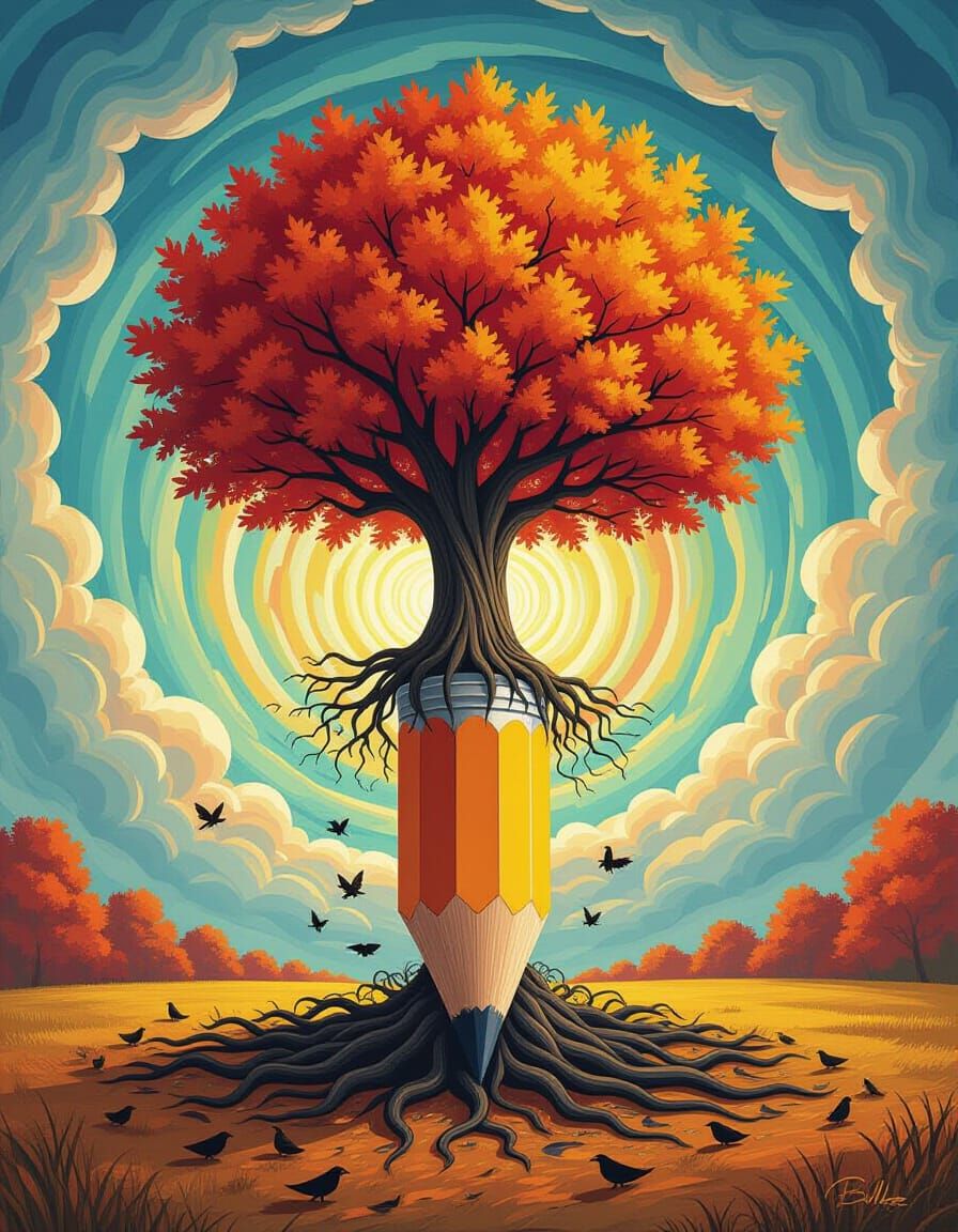 Surreal Pencil Tree with Autumn Vortex Sky