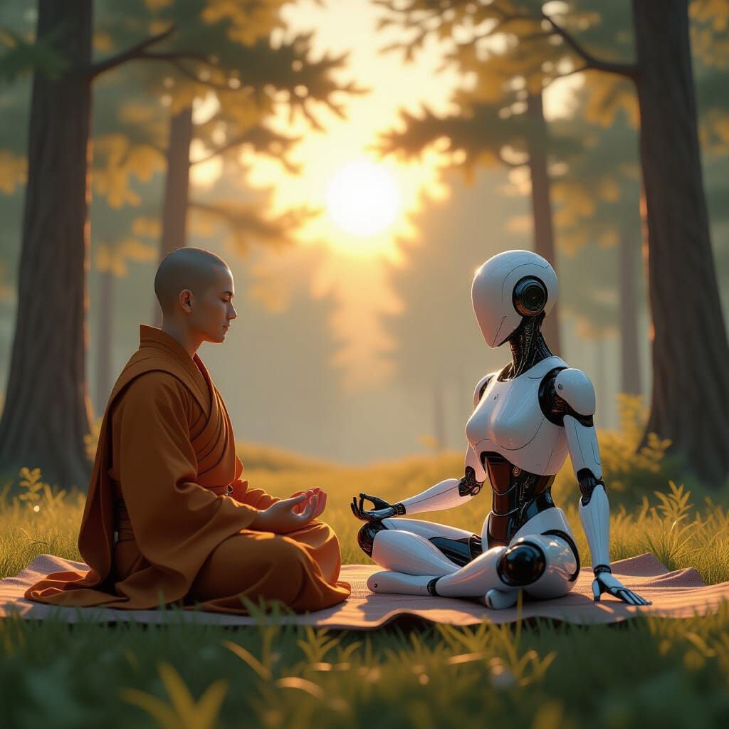 Monk and Android Meditating in Sunrise Forest
