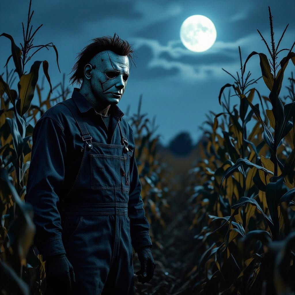 Michael Myers in Cornfield Under Full Moon
