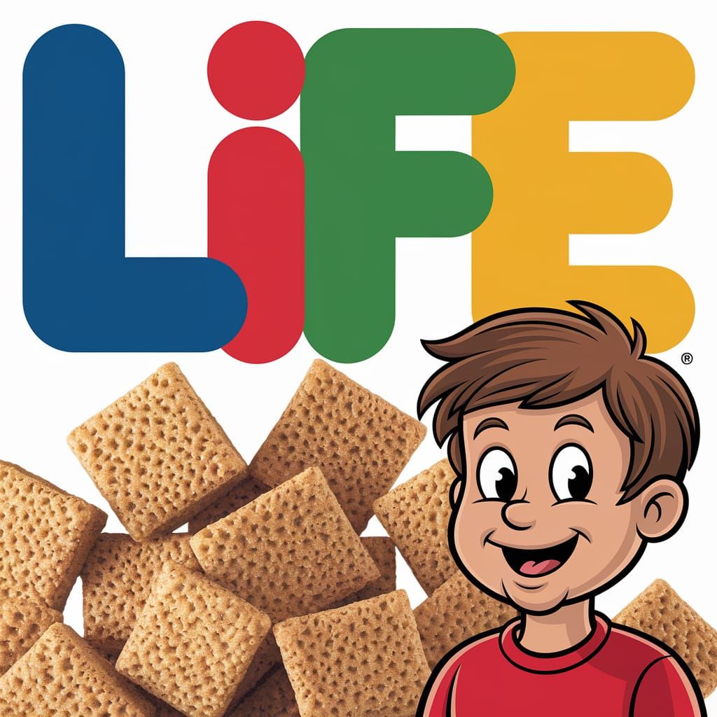 An iconic box of Life Cereal with the blue, red, green, and ...