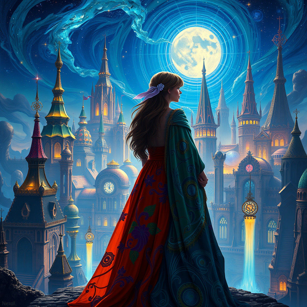 Fantasy Cityscape with Two Women in Matte Painting Style