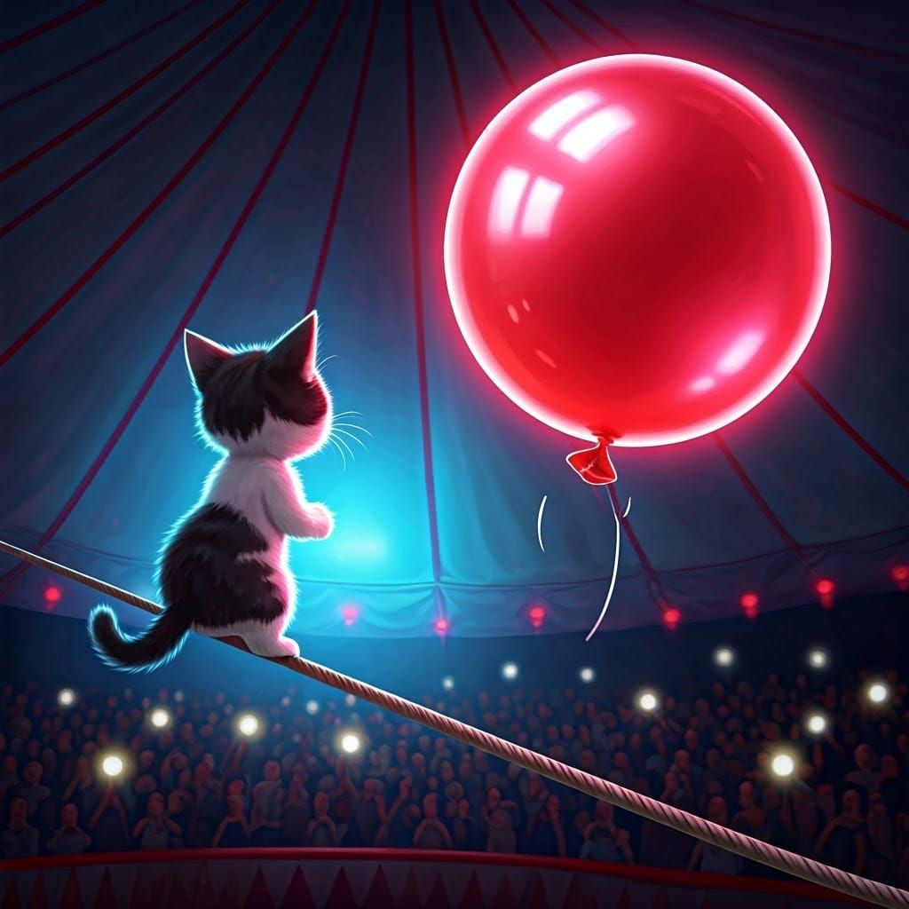Kitten on Tightrope Gazing at Balloon in Chibi Style