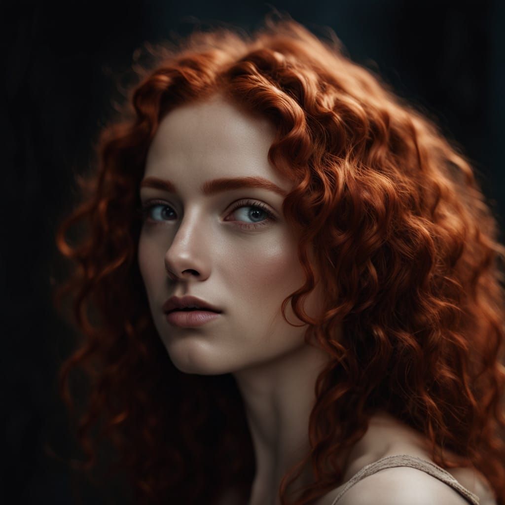 Intense Portrait of Woman with Red Curls in Muted Tones