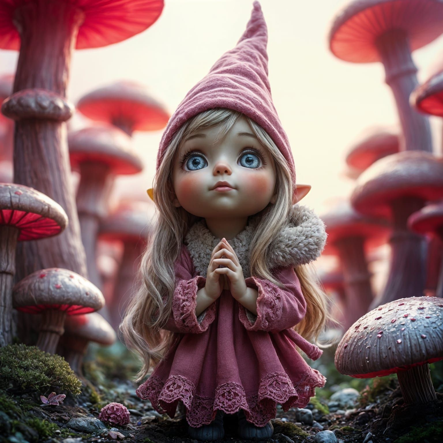 Cute Gnome Girl in Mystical Mushroom Garden
