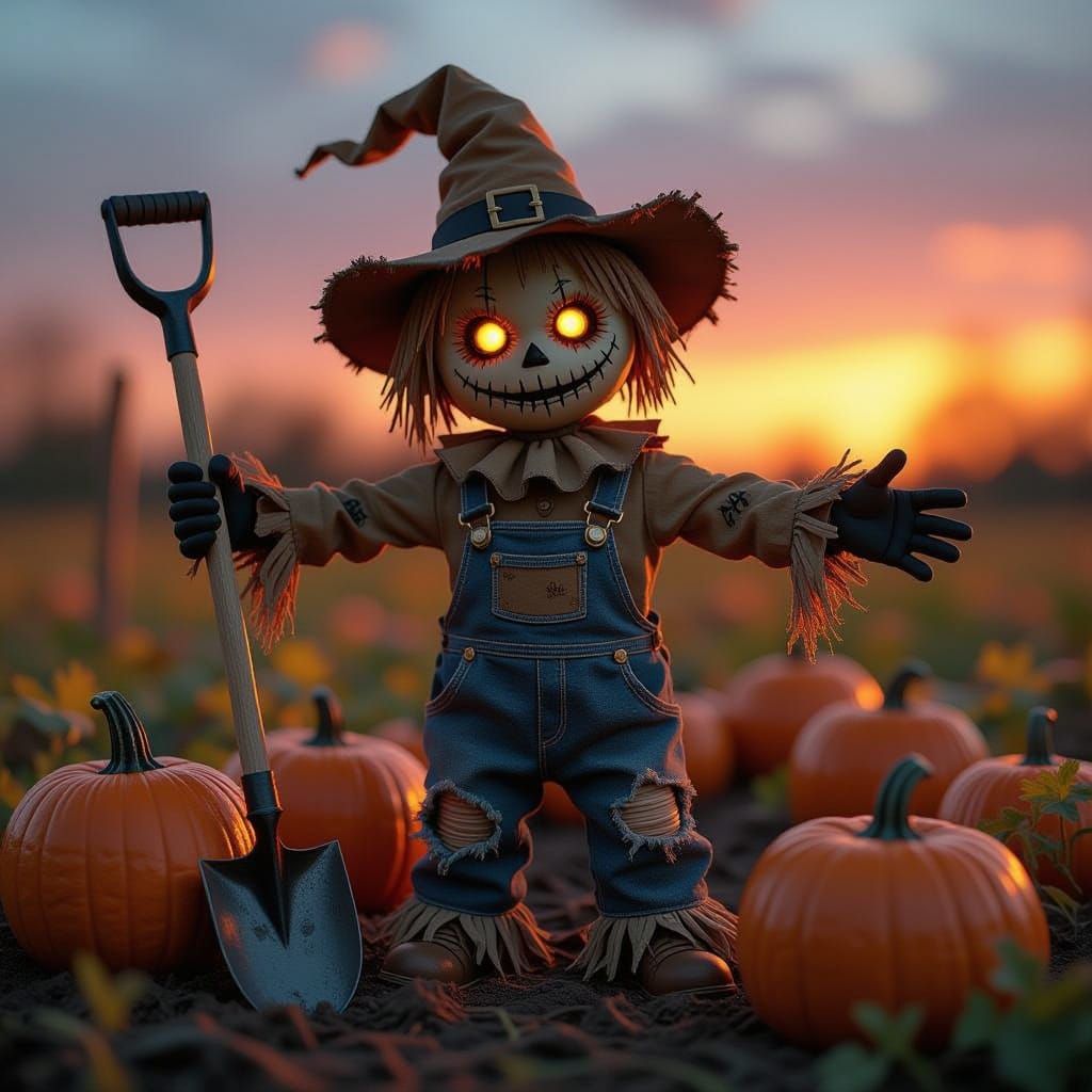 Whimsical Scarecrow in Twilight Pumpkin Garden