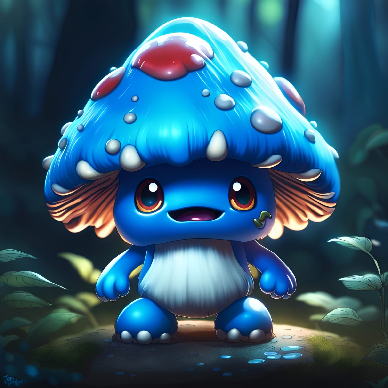 Cute Blue Mushroom Monster in Anime Style