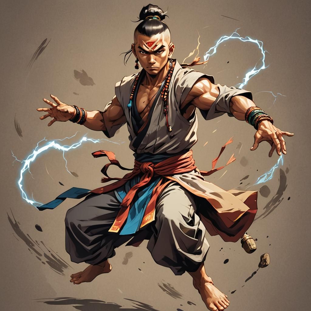 Indian Monk Boy in Kung Fu Pose, Cel-Shaded Manga