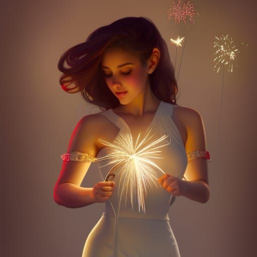 Girl with Sparklers and Fireworks, Detailed Digital Art