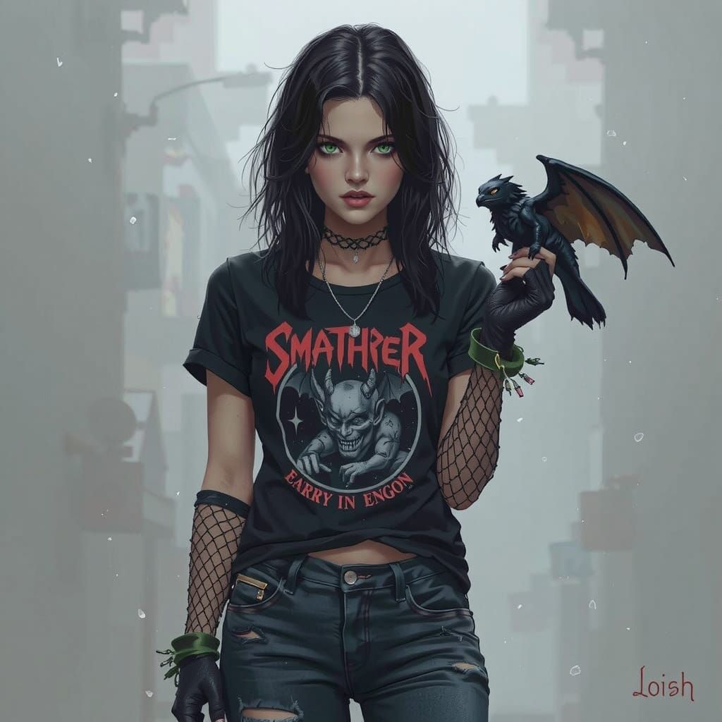 Emo Girl with Ink Demon, Dark Digital Portrait