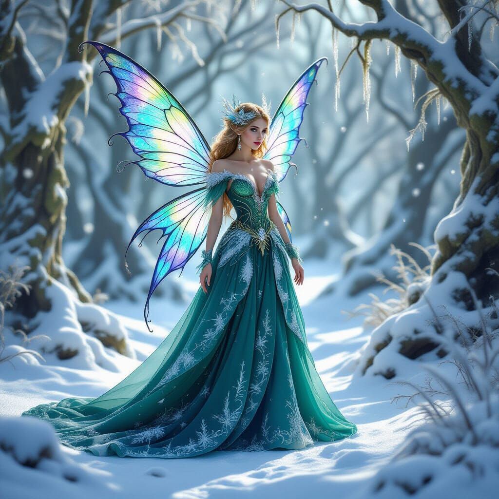 Intricate Fairy in Snowy Forest Clearing