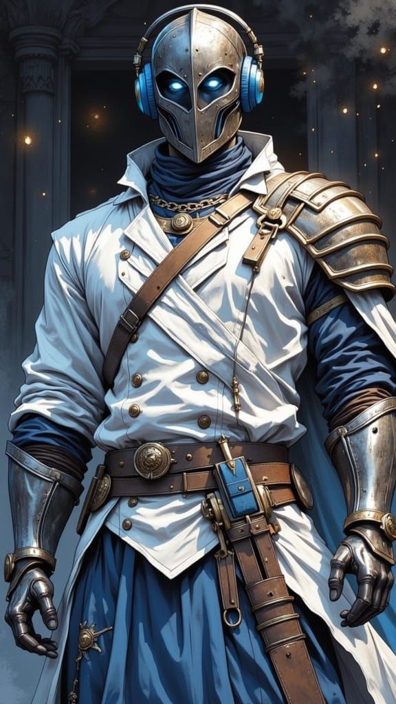 Anime Knight with Glowing Eyes and Headphone Helmet