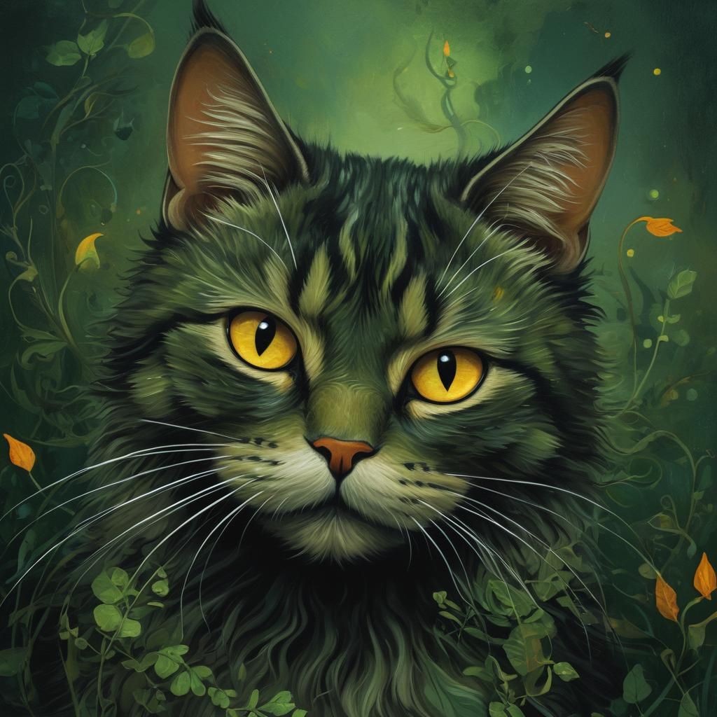 A closeup of a whimsical cat with dramatic lighting, featuring dark fantasy elements, and a color palette of greens, yel...