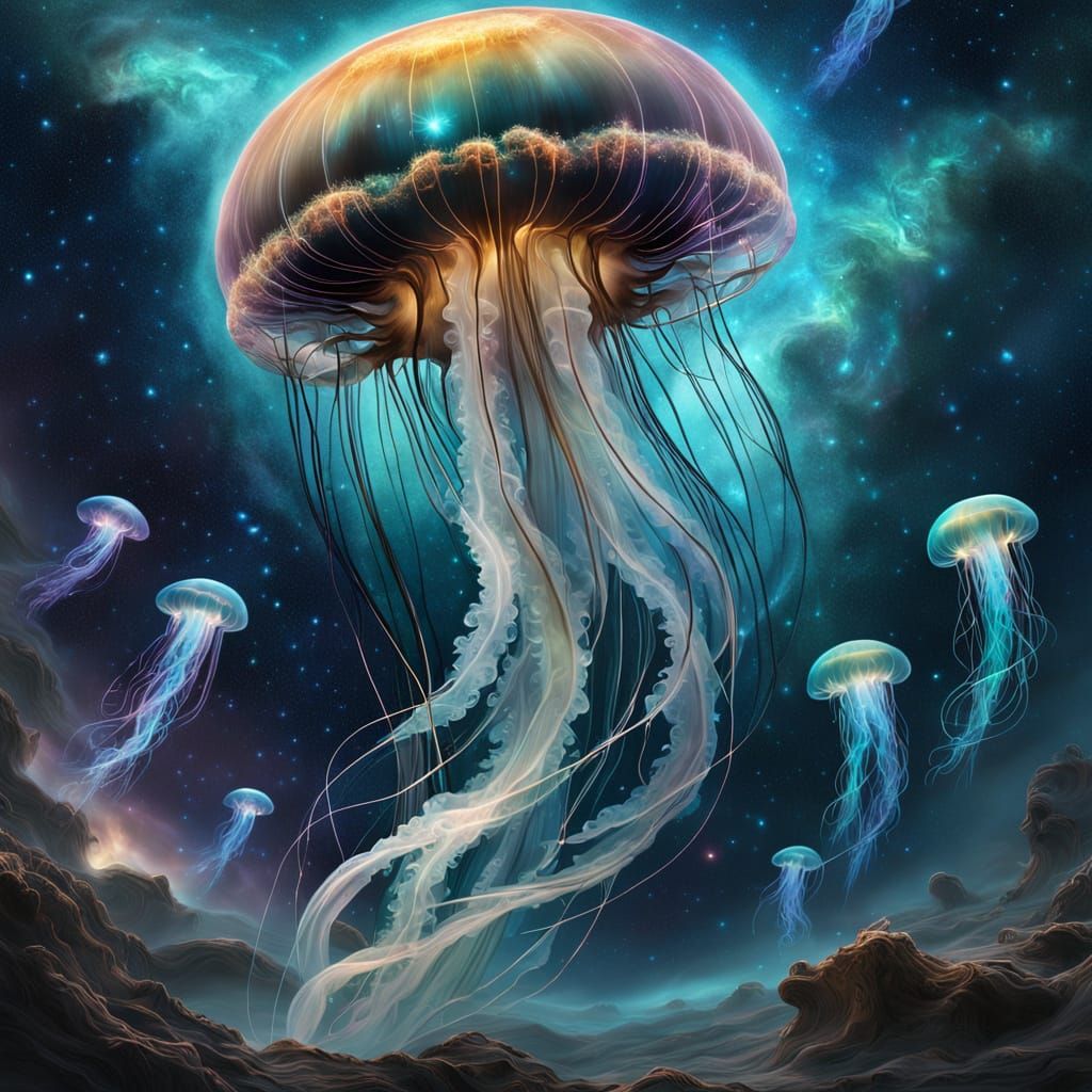 Bioluminescent Jellyfish Drifting Through Nebula, Surreal Di...