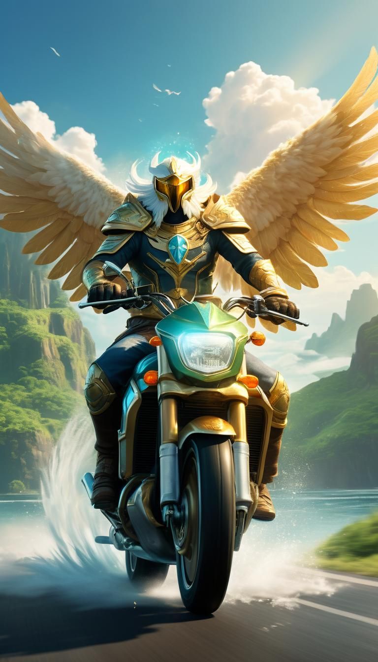 Skywrath Mage Motorcycle Wheelie on Island, Fantasy Art