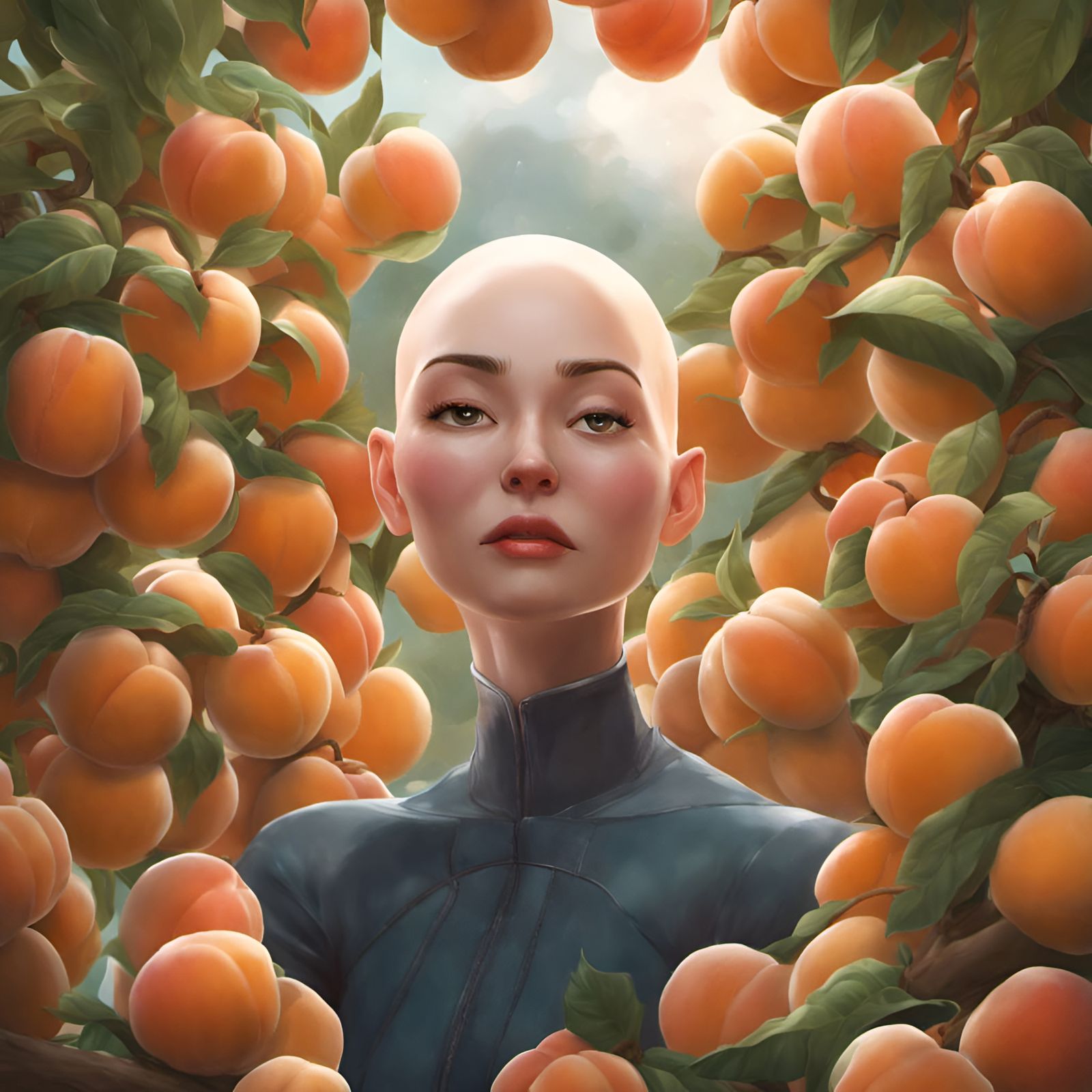 Bald Woman Surrounded by Peaches: Digital Illustration