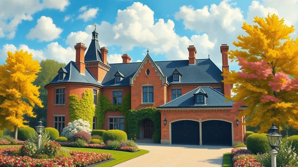 Grand Brick Chateau with Vibrant Garden in Painterly Style