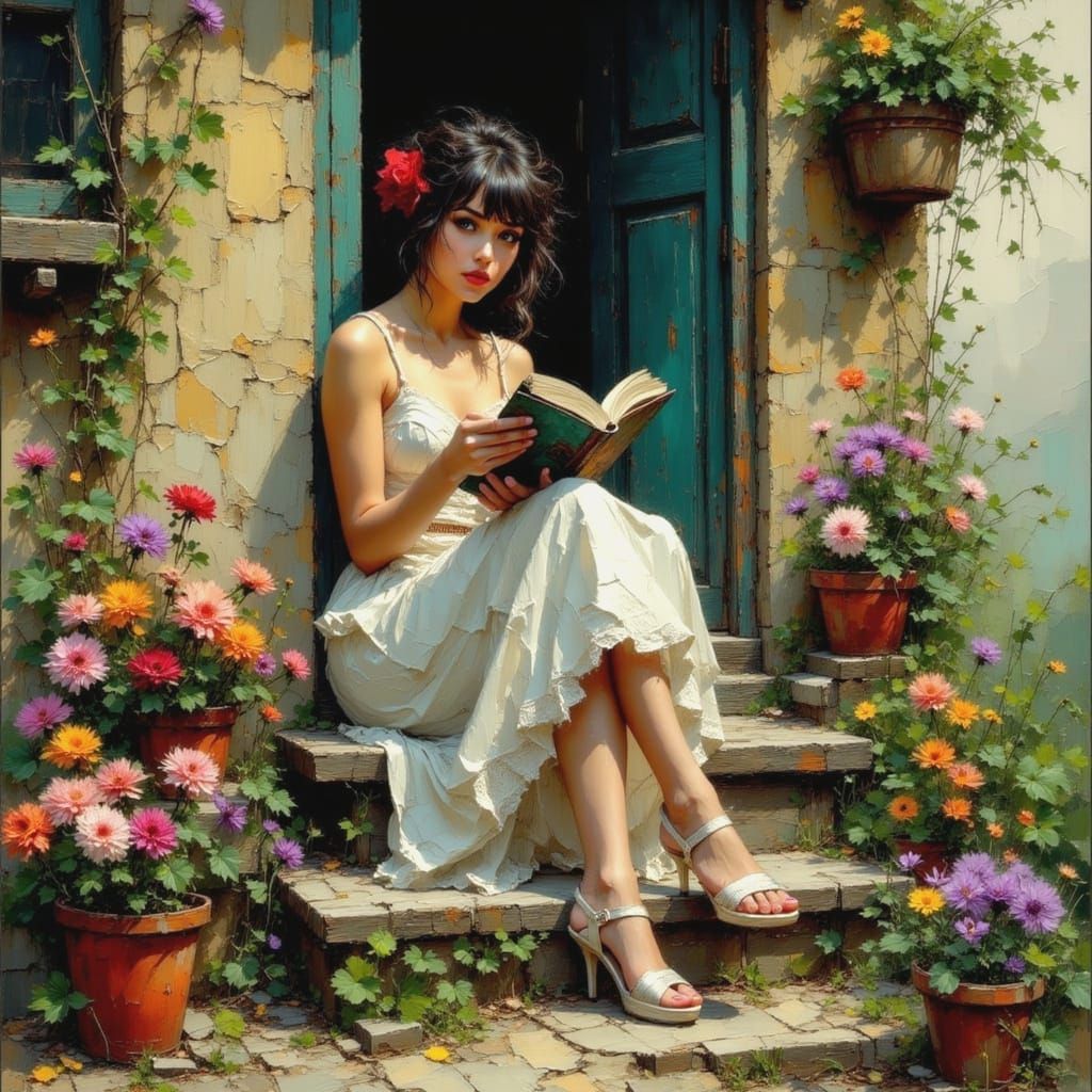 Luis Royo Style Pinup Reading on Cottage Steps