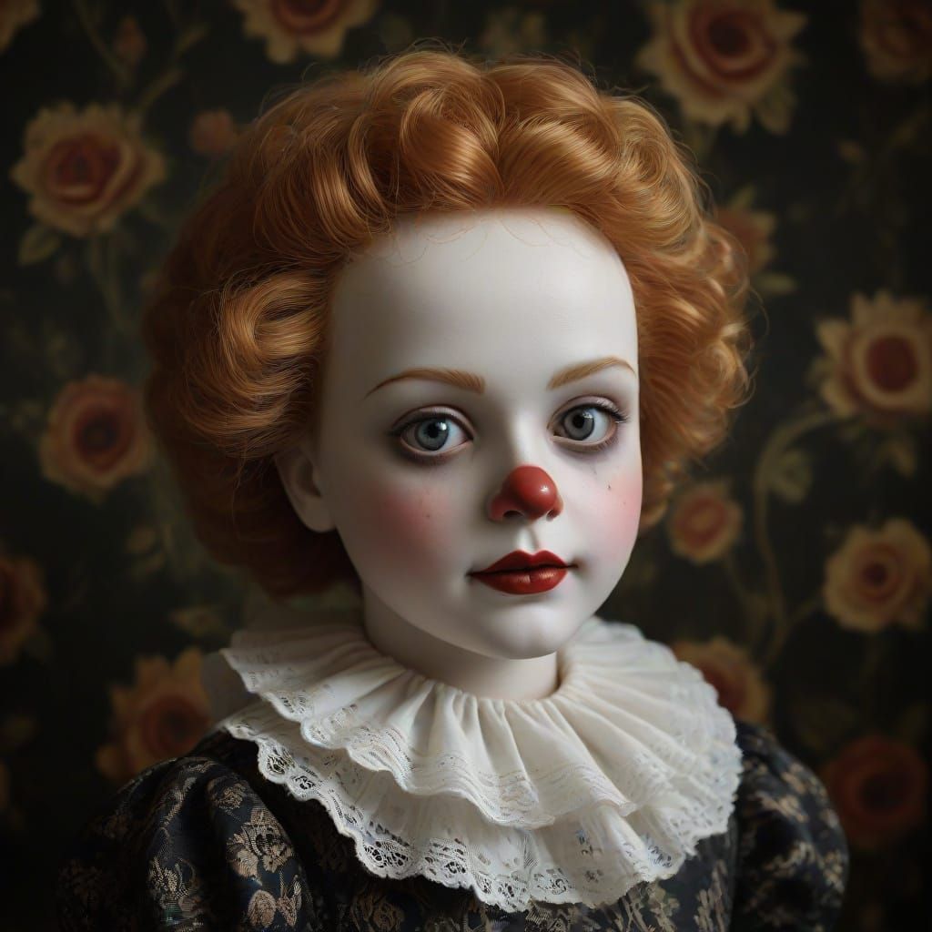 Victorian Porcelain Doll Clown with Haunting Eyes